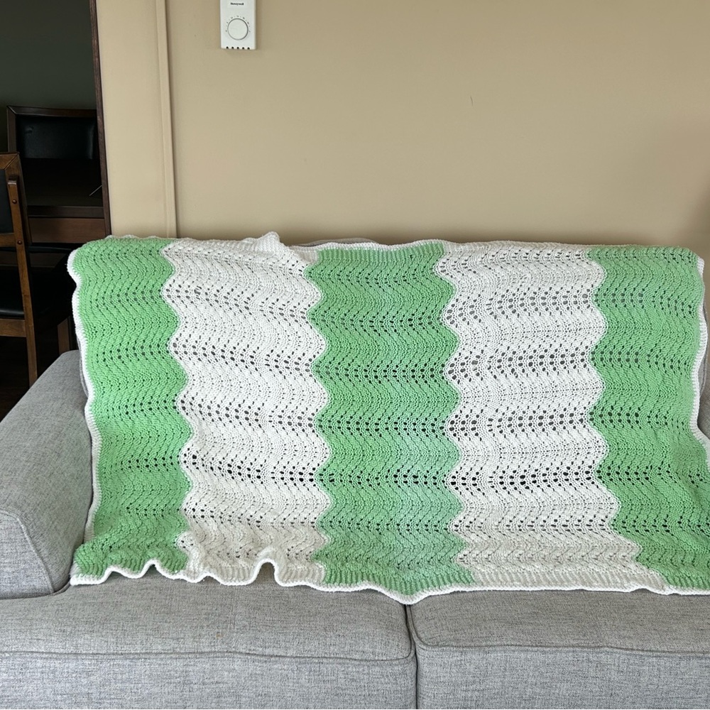 Green and White Crochet Blanket